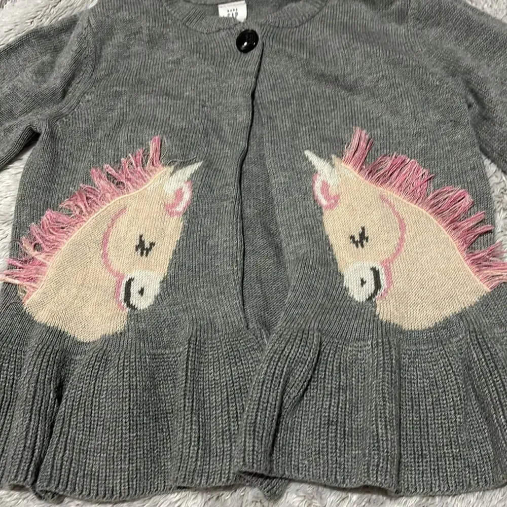 Baby Gap 5 grey one button open front horse detail 3d mane pink cream euc